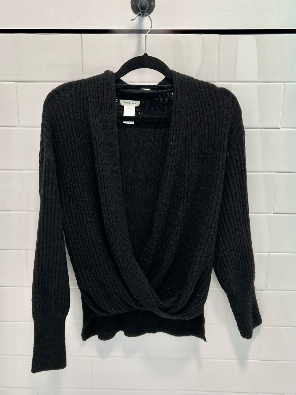 Max Studio Black Ribbed V-Neck Wrap Pullover Sweater